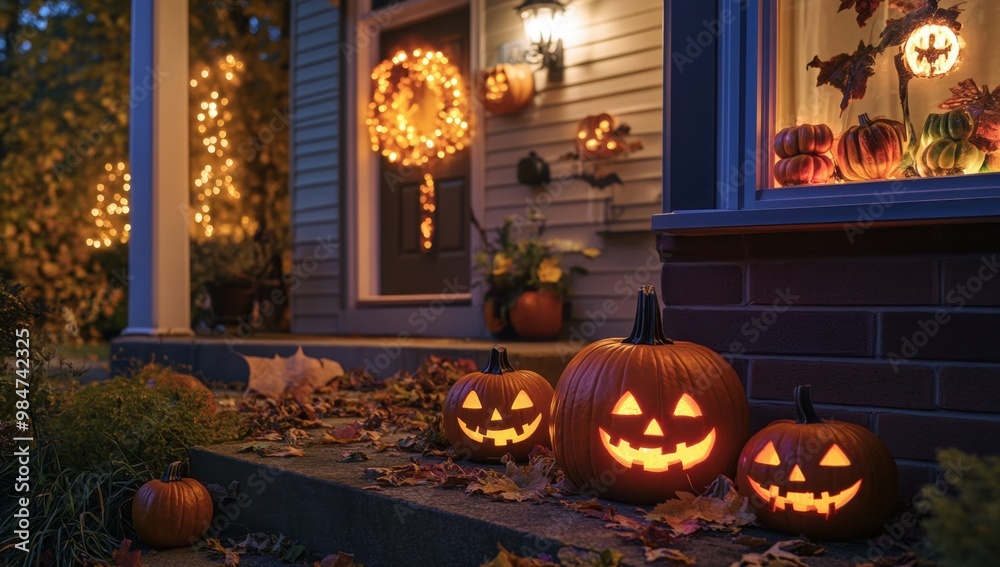 Obraz premium Halloween pumpkins lit up on the front porch of an American house at night A glowing jack-o'-lantern sits next to other decorations Generative AI