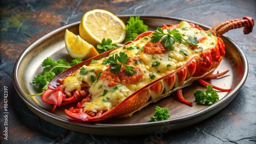 Delicious lobster thermidor dish ready to eat , Gourmet, seafood, gourmet cuisine, French cuisine