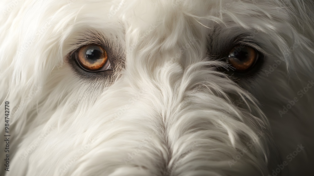 A close-up of an Old English Sheepdog's face, highlighting its expressive eyes and unique facial features against a soft, light backdrop A close-up of an Old English Sheepdog's face, highlighting its expressive eyes and unique facial features against a soft, light backdrop
