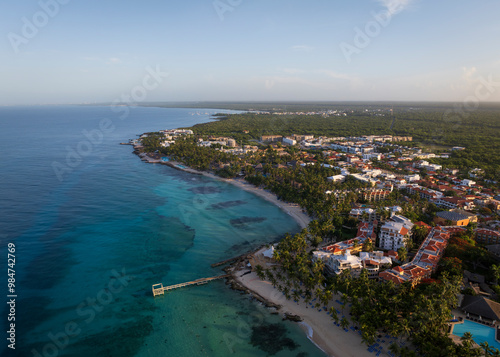 Panorama of dominicus coastline, crystal clear ocean and beautiful sandy beach,Caribbean sea.Bayahibe,Dominican Republic.