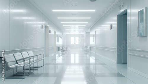  Modern hospital hallway with doorways and chairs, white background