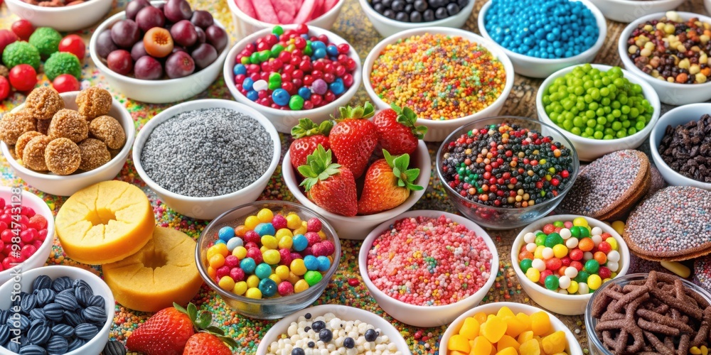 Assorted toppings like sprinkles, chocolate chips, and fruit slices to decorate sweet desserts, toppings, enhance Assorted toppings like sprinkles, chocolate chips, and fruit slices to decorate sweet desserts, toppings, enhance