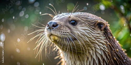 Close-up of a wet otter with water droplets on its fur glistening in the light, otter, wet, water droplets, fur, glistening