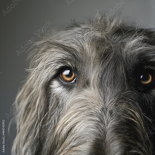 A close-up portrait of a Scottish Deerhound with soft fur and gentle eyes against a photo