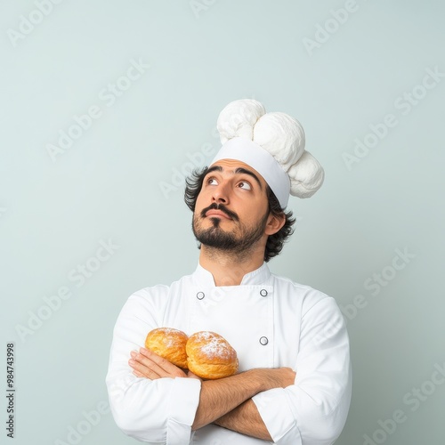 Hispanic male baker in a cozy bakery, surrounded by freshly baked pastries, lost in thought, embodying a moment of creativity and passion.