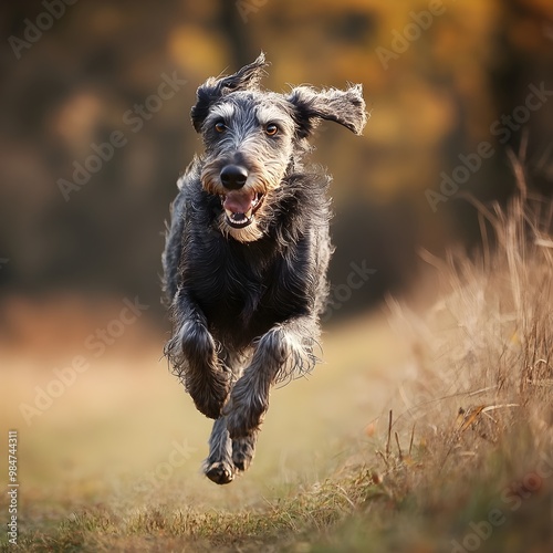A Scottish Deerhound in mid-run, showcasing its athletic build and gracefulness against a
