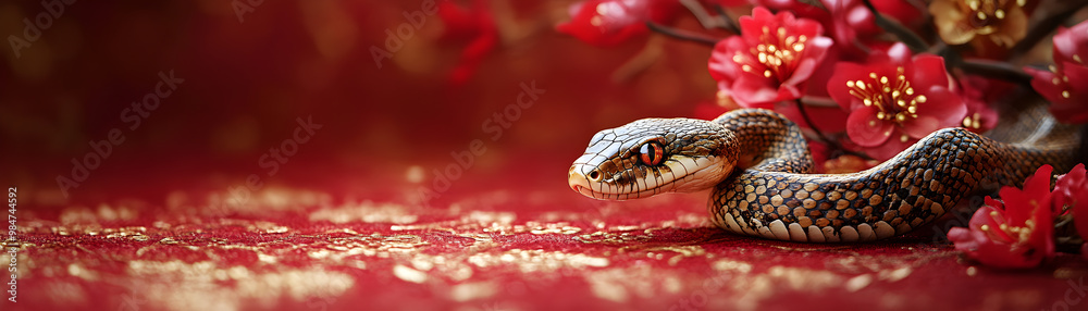 Fototapeta premium A snake is laying on a red background with red flowers in the foreground