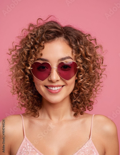 Smiling woman with curly hair wearing heart-shaped sunglasses against a pink background. Represents love, joy, and a playful, stylish attitude.