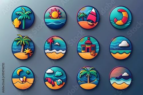 Vibrant Summer-Themed Icons Featuring Beaches, Sunsets, and Tropical Elements
