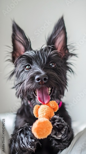 A playful Scottish Terrier with a toy, set against a soft, , highlighting its lively personality photo