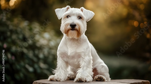 A Sealyham Terrier sitting proudly on a , showcasing its distinctive coat and expressive eyes photo