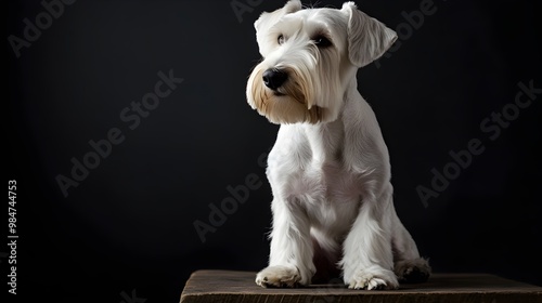A Sealyham Terrier sitting proudly on a , showcasing its distinctive coat and expressive eyes