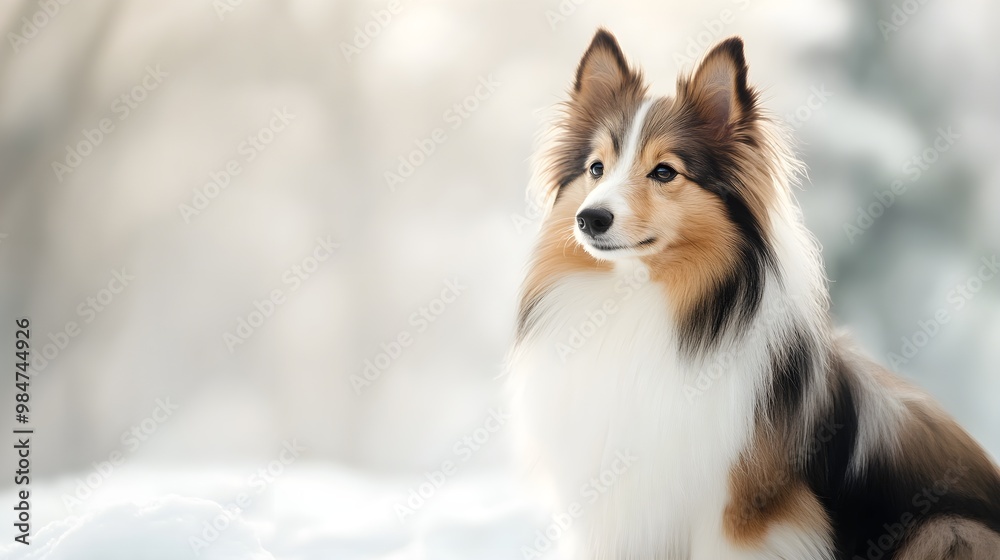A Shetland Sheepdog sitting gracefully on a soft, light-colored background, showcasing its thick double coat and expressive eyes A Shetland Sheepdog sitting gracefully on a soft, light-colored background, showcasing its thick double coat and expressive eyes