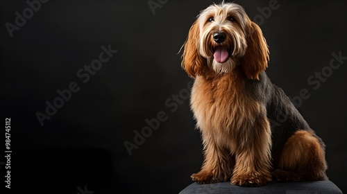 A fluffy otterhound dog sitting gracefully on a , showcasing its distinct coat texture and playful demeanor photo