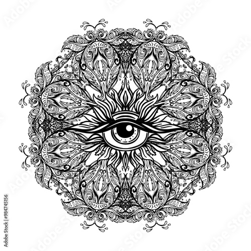 All seeing eye in ornate round mandala pattern. Mystic, alchemy, occult conce...