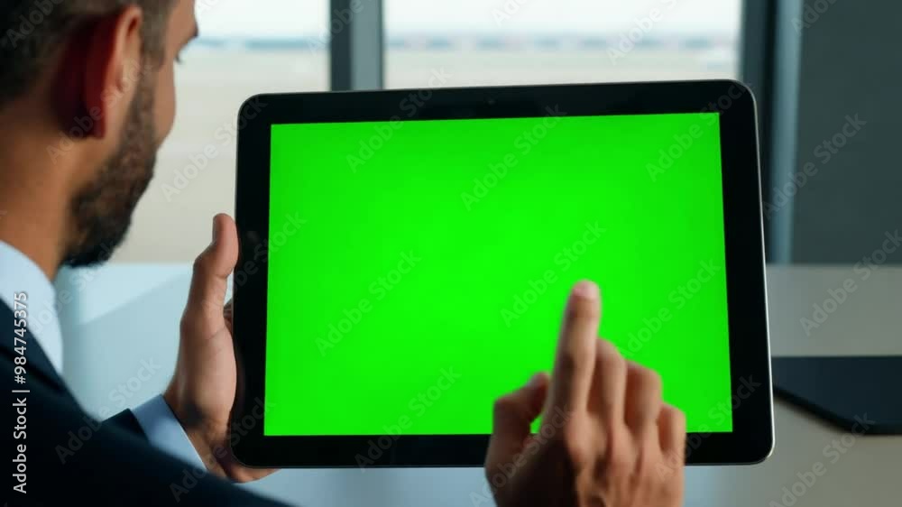 person holding tablet with green screen. generative ai person holding tablet with green screen. generative ai