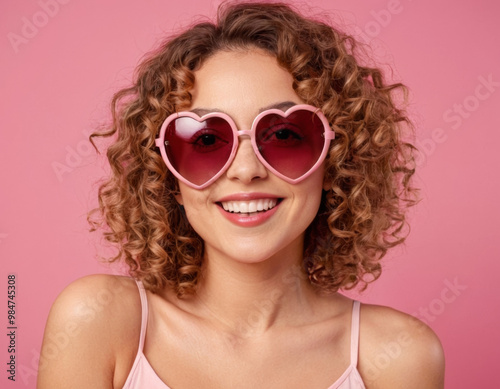 Smiling woman with curly hair wearing heart-shaped sunglasses against a pink background. Represents love, joy, and a playful, stylish attitude.