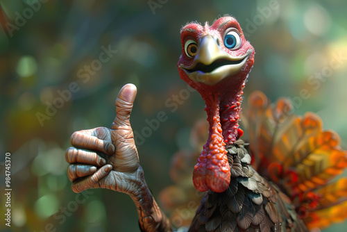 Whimsical animated turkey giving a thumbs up, set in a lush forest background, creating a cheerful and fun scene. 