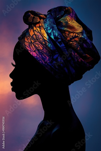 Surreal African Tribal Woman Silhouette with Dreamlike Floating Turban in Blues, Purples, and Gold