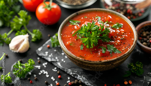 Delicious adjika sauce with parsley in glass bowl and ingredients on black table, closeup photo