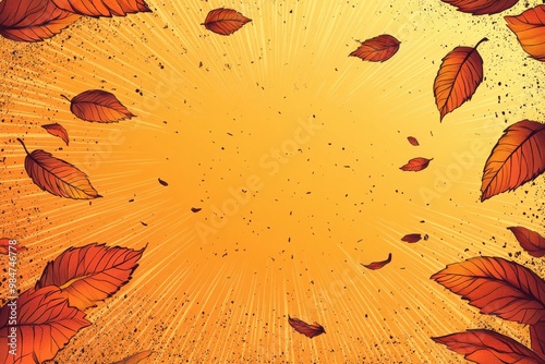 Vibrant comic book style autumn background with swirling fall leaves and warm orange tones