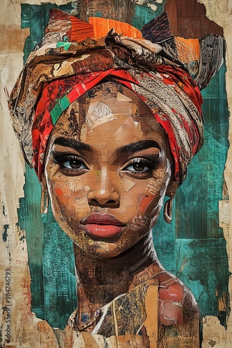 African Tribal Woman Portrait with Bold Textured Bandana Turban in Mixed-Media Collage Style