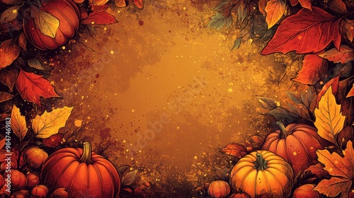 Vibrant autumn background with pumpkins and swirling leaves in a comic-style design perfect for seasonal themes photo