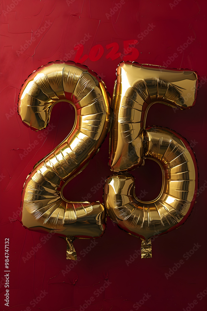 A gold balloon number 25 is on a red background