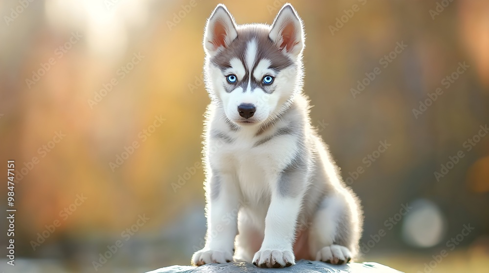 A playful Siberian Husky puppy sitting on a , showcasing its bright blue eyes and fluffy fur A playful Siberian Husky puppy sitting on a , showcasing its bright blue eyes and fluffy fur