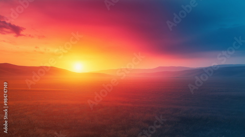 Equinox Horizon, a serene landscape split into equal parts day and night, with vibrant sunset hues blending into twilight, with copy space, The September Equinox