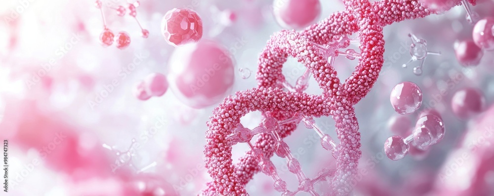 Abstract collage showcasing a microscopic view of DNA structure with vibrant pink molecules and glowing scientific symbols Abstract collage showcasing a microscopic view of DNA structure with vibrant pink molecules and glowing scientific symbols