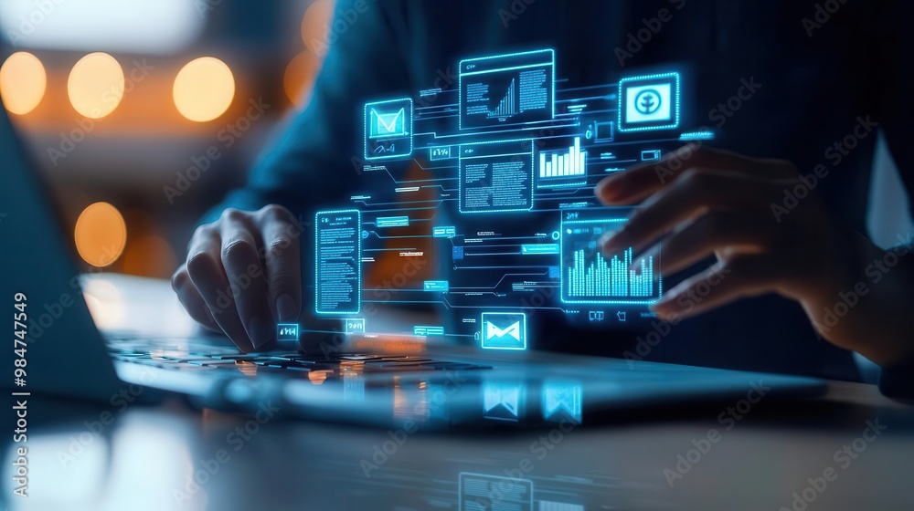 Fototapeta premium Banking professional reviewing loan documents in a digital environment, secure access, remote work