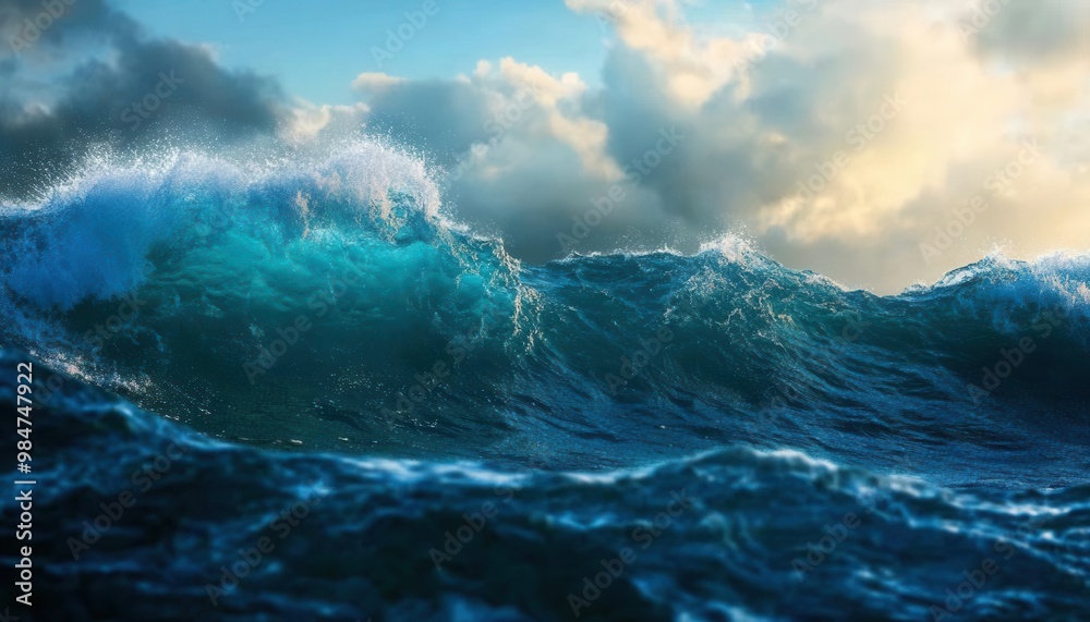 Majestic ocean waves crashing under a dramatic sky, reflecting sunlight and vibrant colors. Majestic ocean waves crashing under a dramatic sky, reflecting sunlight and vibrant colors.