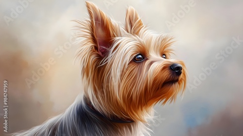 A close-up portrait of a Silky Terrier with its characteristic long hair flowing, set against a soft, light-hued backdrop photo