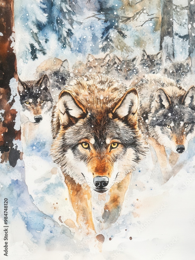 Obraz premium Pack of wolves in a snowy forest setting, watercolor illustration.