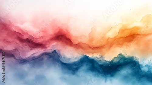 Abstract Watercolor Landscape with Red, Orange, and Blue Hues