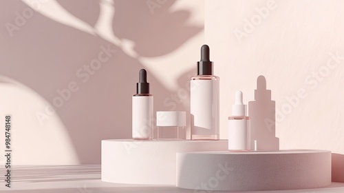 A minimalist beauty scene featuring a range of unlabelled cosmetic containers, such as serums and moisturizers, set against a soft, unobtrusive backdrop. photo