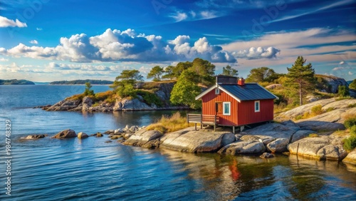 Landscape of the archipelago in Gulf of Baltic Bay with a fisherman's cabin on the Swedish East Coast, Scandinavia