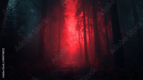 Cinematic horror movie poster mockup featuring a misty forest with an eerie red glow creating a suspenseful and mysterious atmosphere