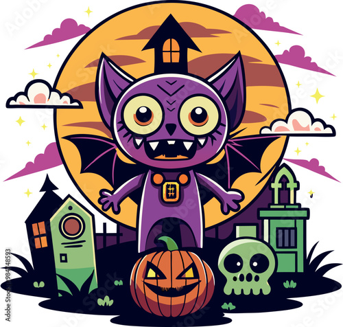 Halloween vector illustration showcasing a skull and pumpkins in a festive design photo