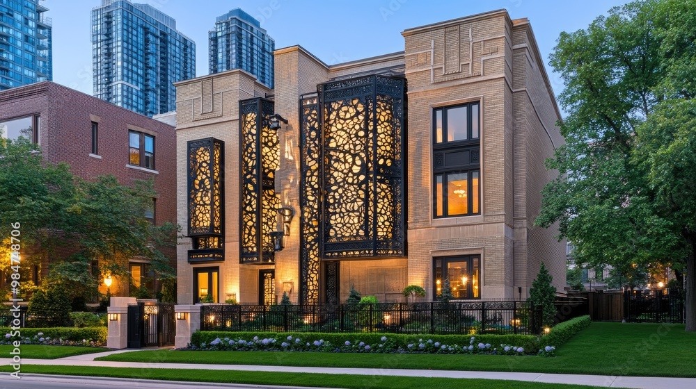 Fototapeta premium This contemporary Chicago residence features a striking beige brick facade with black accents and decorative wooden screens, complemented by vibrant green grass in the warm evening light