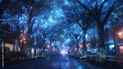 An urban lifestyle where the night sky is illuminated by bioluminescent trees, lighting up the streets with a natural, glowing ambiance