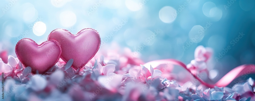 Romantic pink hearts and ribbon surrounded by delicate petals with a dreamy bokeh background Romantic pink hearts and ribbon surrounded by delicate petals with a dreamy bokeh background