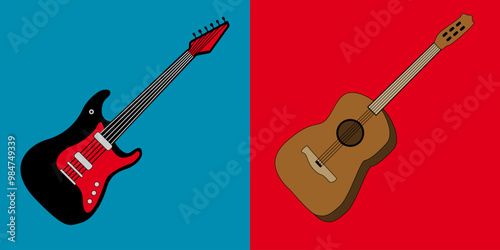 Ensemble d’instruments de musique à corde : guitare sèche et guitare électrique.