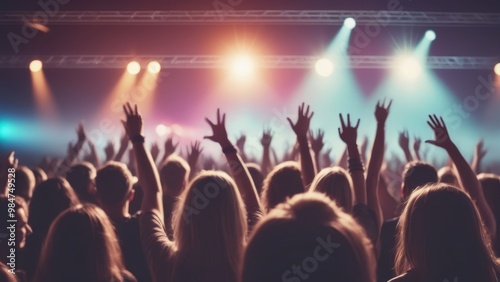 A crowd at a concert with raised hands, illuminated by colorful stage lights.