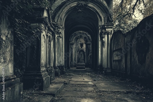 Eerie Archway Leading Through Dark and Decaying Stone Colonnade