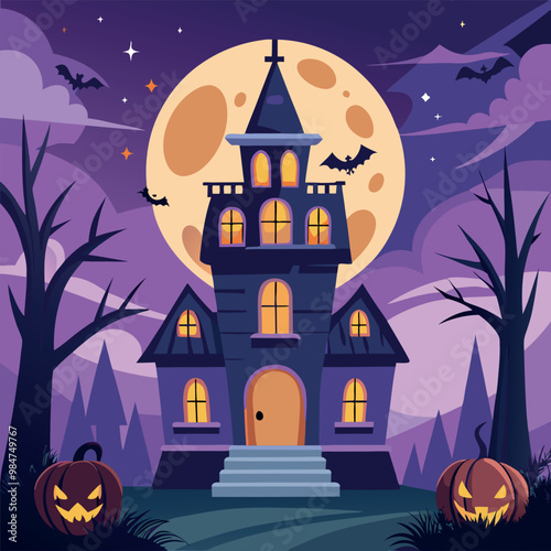 Halloween vector art featuring a spooky castle surrounded by bats and pumpkins against a dark background