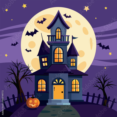 Halloween vector art featuring a spooky castle surrounded by bats and pumpkins against a dark background