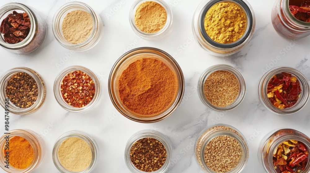 A top-down view of a spice rack featuring jars of chili powder, dried chili flakes, and other seasonings, organized in a clean kitchen setting A top-down view of a spice rack featuring jars of chili powder, dried chili flakes, and other seasonings, organized in a clean kitchen setting