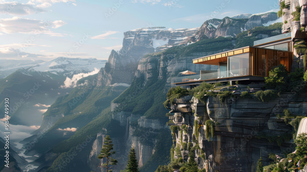 Fototapeta premium An outdoor lifestyle where homes are built into the sides of cliffs, offering breathtaking views of the mountains and valleys below, accessible only by hiking